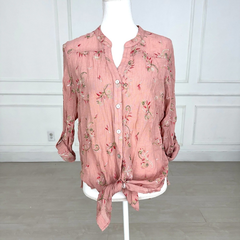 Fig & Flower Blouse Womens Large Pink Floral Embroidered Large